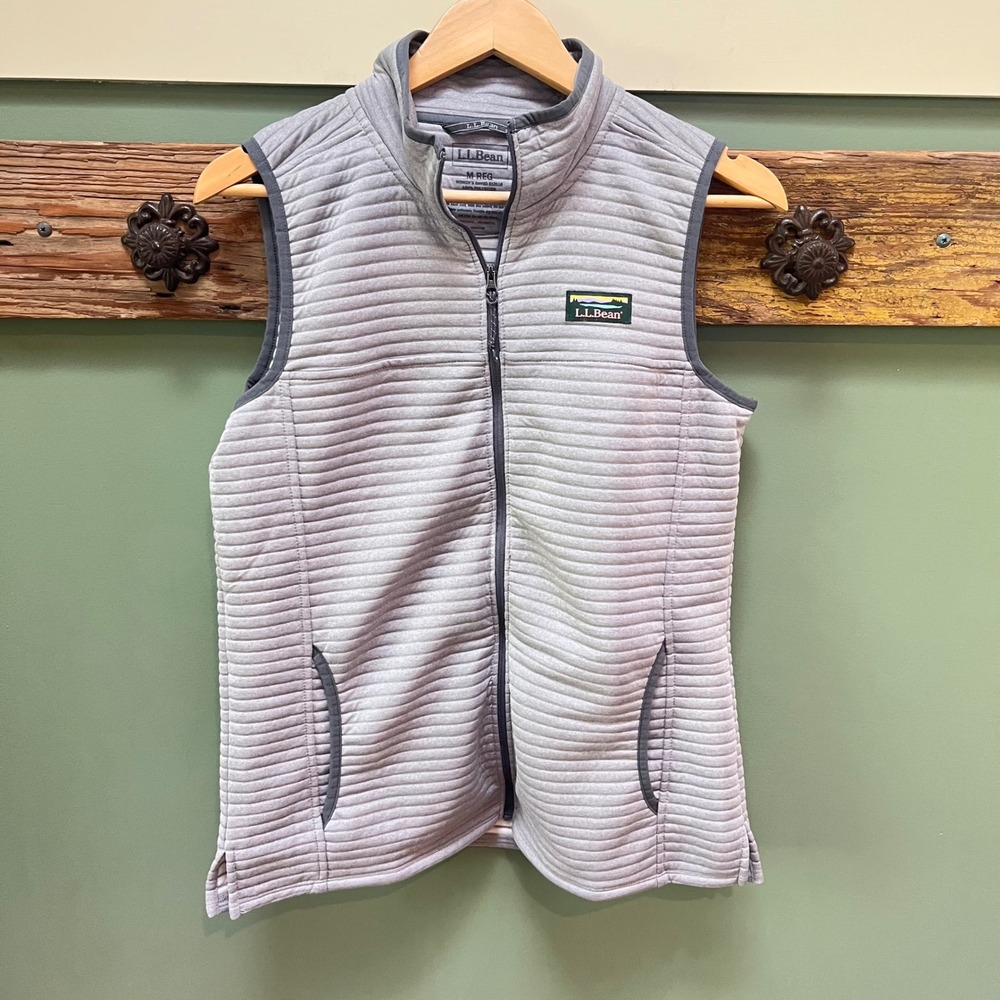 LL Bean Womens Gray Quilted Fleece Full Zip Vest Mock Neck 513118 Medium Regular